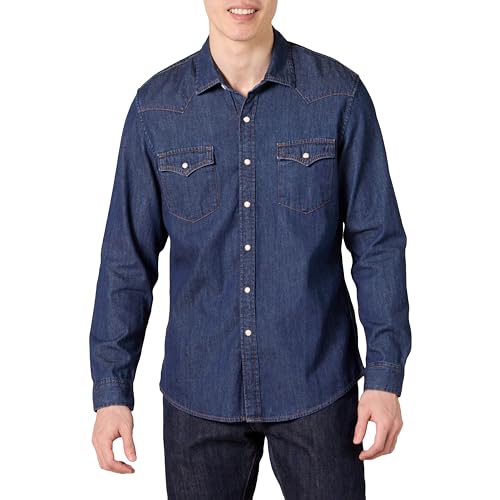 Amazon Essentials Camisa Vaquera de Corte Ajustado de Manga Larga con Botones a Presión Hombre, Azul, M