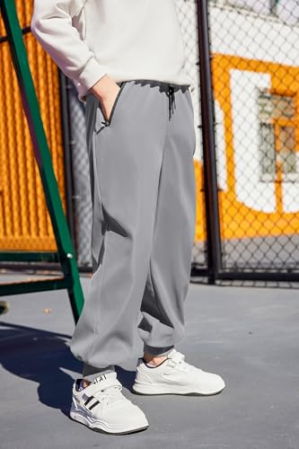 Arshiner Boys Casual Pants Elastic Waist Drawstring Kids Pants Youth Tapered Sweatpants Zipper Pockets Light Grey2