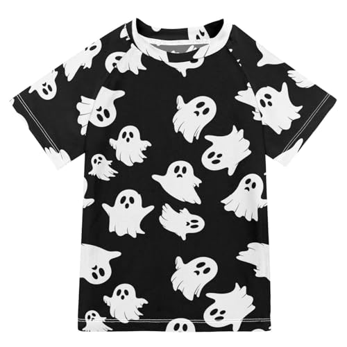 Boys Rash Guard Short Sleeve UPF 50+ Ghostly White Figures on Black Quick Dry Swim Shirts Swimwear for 3-12Y