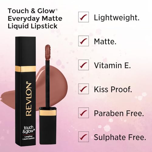 Image of Revlon Touch & Glow Everyday Matte Liquid Lipstick|Lightweight, Transferproof, Kiss Proof, Non Sticky infused Vitamin E|Parabeen & Sulphate free -Nude Elegance (Pack of 2)