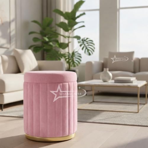 Image of Round Strip Stool with Cushion Foot Rest Office Stool Pouf Ottoman Padded Seat in Living Room - Pink