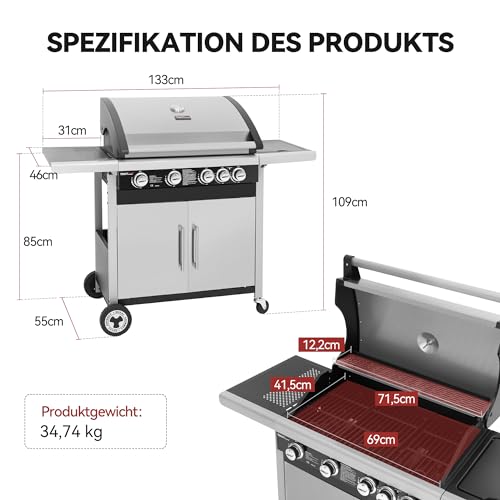 Royal Gourmet 4+1 Brenner Gasgrill Grillwagen mit Unterschrank, Edelstahlbrenner mit 14,5 kW und automatischer Zündung Campinggrill mit Seitenbrenner Silber