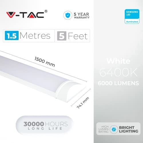 V-TAC LED Batten Light | 50W 5Ft LED Tube Lights 6400K White | Wall and Ceiling Batten Light | Shed Light, Kitchen and Garage Lighting | 5Ft - 150cm Samsung LED Tube Light [Pack of 2]