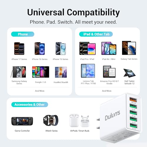 Image of 50W USB Wall Charger Block, 2Pack 5-Port Charger Fast Charging Block QC 3.0 Multiport Type C Box Brick Cube USB A Wall Plug for iPhone 16 /15 /14 Pro Max Plus, iPad,Galaxy, LG, Moto, Android Phones
