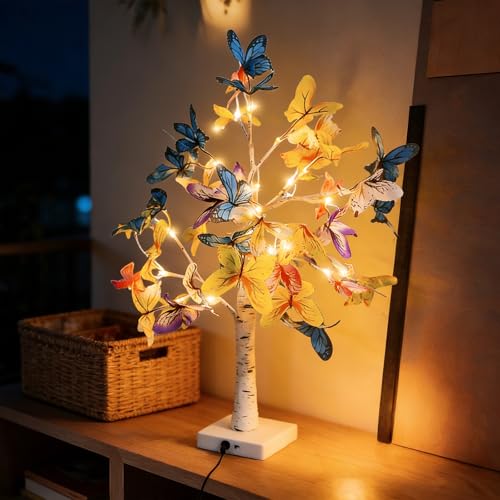 Behogan Lumières d'arbre LED avec papillon : boîtier en plastique feuille d'érable lumière d'arbre, culot E14 papillon lumière de bouleau, protection IP42 lumière...
