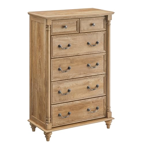 T4TREAM Farmhouse 6 Drawers Dresser Chests for Bedroom w/4 Solid Wood Feet &Column Decor, Tall Wood Rustic Chest of Drawers, Storage Dressers Organizer for Bedroom, Living Room, Light Tree Knot