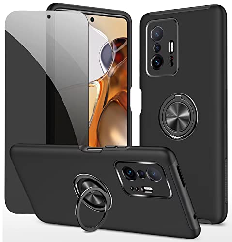 Dechyi Privacy cover per Xiaomi 11T 5G / 11T Pro 5G Custodia con Privacy Anti Spy in vetro temperato con custodia protettiva ad anello- Nero