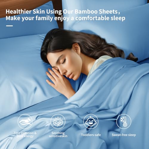 Image of Shilucheng 6 Piece California King Sheet Sets, Cooling Sheets, Blend Rayon Derived from Bamboo, Deep Pocket Up to 16 inch, Breathable & Soft Bed Sheets, Hotel Silky Bedding Set, Lake Blue