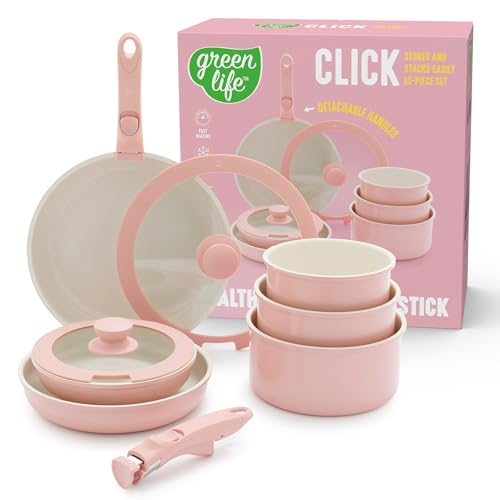 GreenLife 10 Piece Nonstick Pots & Pans Set, Detachable Handle