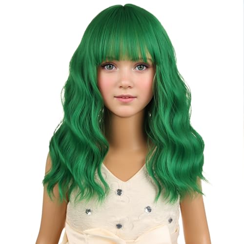 Image of PATTNIUM Kids Green Wig for Girls Green Child Wig with Bangs Short Wavy Wigs for Kids Shoulder Length Heat Resistant Synthetic Wigs