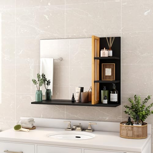 Sanless Miroir Mural de Salle de Bain avec étagères de Rangement, Noir et Bois Clair – Structure MDF + Bambou Véritable – Finition Bois Naturel –...