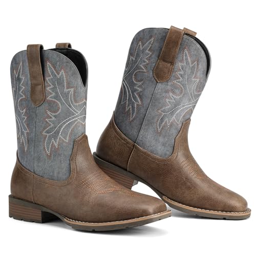 Image of Lumeheel Cowboy Boots for Men - Western Men's Boots with Classic Embroidered, Slip on Square Toe Boots, Slip Resistant Country Boots Chunky Heel Ankle, Durable Short Boots for Spring Fall