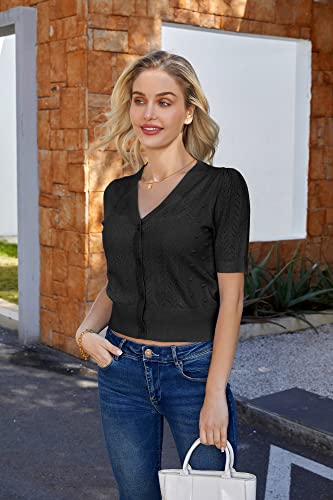 GRACE KARIN Cropped Cardigan Sweaters for Women Short Sleeve Crochet Knit Bolero Shrug V-Neck Button up Tops3