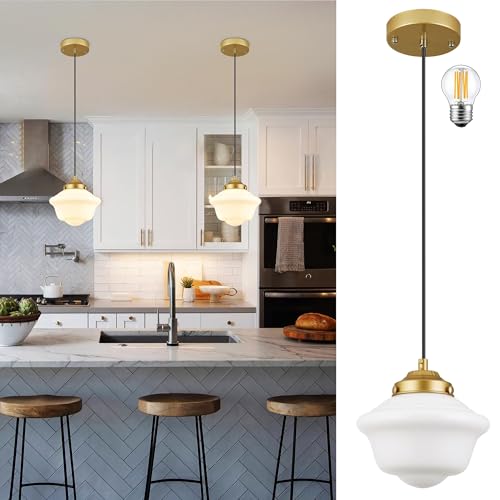 AyshwillDec Gold Schoolhouse Light Fixture 8' Milk Glass Light Fixture Mid Century Pendant Light...