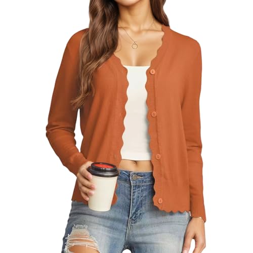 Women's Long Sleeve V-Neck Button Down Cardigan Open Front Lightweight Scalloped Edges Knit Shrugs Sweater