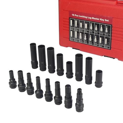 Image of 16pc Locking Lug Nut Master Key Set, SAE & Metric Wheel Lock Removal Kit for Removing Locking Spline Star Hex and Fluted Hex Lug Nuts, Lug Nut Remover Set for Mechanics and More