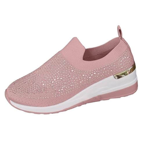 Women's Fashion Glitter Rhinestone Decor Platform Wedge Sneakers, Breathable Mesh Sparkly Glitter Tennis Shoes for Women, Casual Slip-On Walking Shoes
