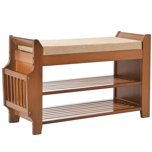 PETKABOO 2 Tier Shoe Bench, Bamboo Shoe Rack Bench, Shoe Storage Bench Organizer for Entryway Hallway Living Room