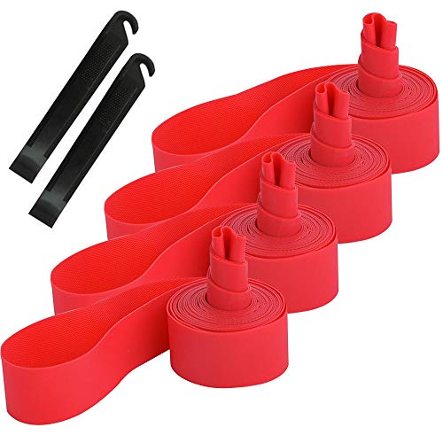 QitinDasen 4Pcs Premium PVC Bande de Jante de Pneu de Vélo, 700C Tapis de Protection de Tube Intérieur de Vélo Anti-Crevaison, Doublure de Pneu de Vélo, avec 2Pcs Levier à Pneu de Vélo (Rouge) Cover