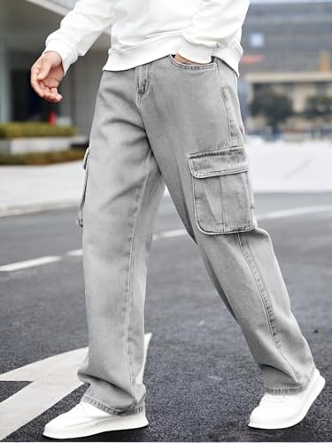 Image of Ben Martin Men's Denim Cotton Cargo Jeans || Stretchable Baggy Fit || High Waist Loose Cargos for Men with Box Pockets || Stylish Gen-Z Streetwear || Sizes 28-40 || Black, Khaki, Grey & More