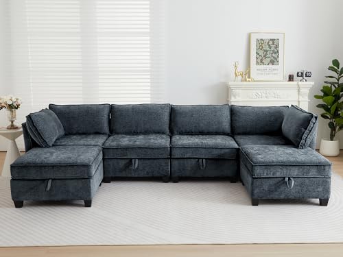 Image of ORRD Oversize Modular Sectional Sofa Set, Convertible U Shaped Couch with Storage, 6 Seater Sofa Modular with Ottomans and Reversible Chaise for Living Room, Office (Blue Grey)
