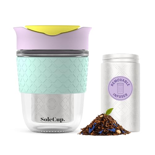 SoleCup. Travel Mug Loose Tea Infuser - Detachable Tea Strainer with Spillproof Lid - BPA-Free Reusable Glass Travel Coffee Cup with Silicone Band (Ice Cream, 12oz)