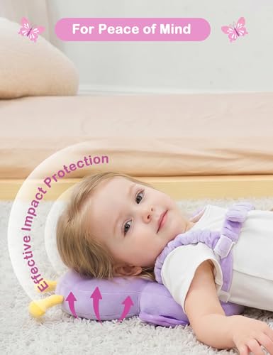 Image of JunNeng Baby Head Protector Backpack for Walking Crawling, Purple Butterfly | Soft, Breathable, Adjustable, Baby Fall Back Head Protector for Falling