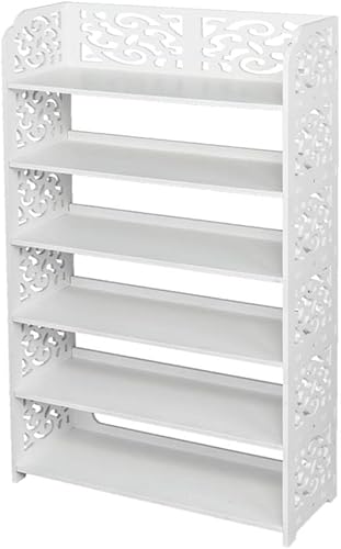 Miniatura 6 de Organizador de zapatos apilable de madera y plástico con seis niveles de almacenamiento tallado, ideal para la entrada del hogar o solución de