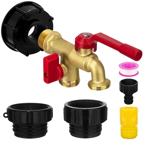 IBC Tote Hose Adapter Dual Outlet Faucets 275-330 Gallon IBC Tote Water Tank Fittings,3/4''NPT to Double 3/4''GHT Outlet Brass Garden Hose Valve with 3 Adapter,Apply to IBC Containers, Ton Barrels