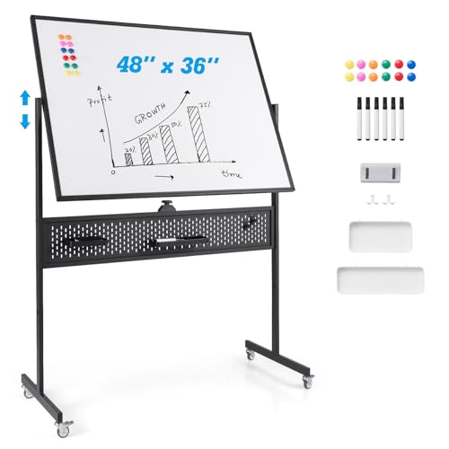 GOPLUS Tableau Blanc Effacable sur Pieds à 2 Faces 120 x 90 CM, Rotatif à 360° Hauteur Réglable sur 2 Positions, Tableau Blanc Magnetique Mobile Planches...