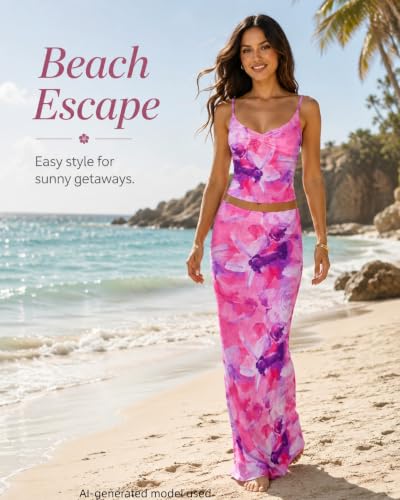 Image of Two Piece Skirt Set Women Maxi Long Skirt and Top Outfit | Soft stretchy 5 pc, slim bodycon, adjustable spaghetti straps, ruched crop tank, elastic waist, going out, beach vacation