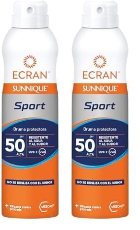 Ecran Sunnique Sport - Bruma Protectora Solar SFP 50, Protección Alta UVB, UVA, Frescor Instantáneo, Refuerza las Defensas, Muy Resistente al Agua, para Todo Tipo de Pieles- 250 ml (Paquete de 2)