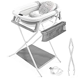 JUPPLIES Bañera Plegable Bebé con Estructura Metálica y Tubo de Drenaje - Bañera con Cojín Ergonómico, Patas Antideslizantes y Termómetro Digital (Gris)