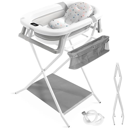 JUPPLIES Bañera Plegable Bebé con Estructura Metálica y Tubo de Drenaje - Bañera con Cojín Ergonómico, Patas Antideslizantes y Termómetro Digital (Gris)