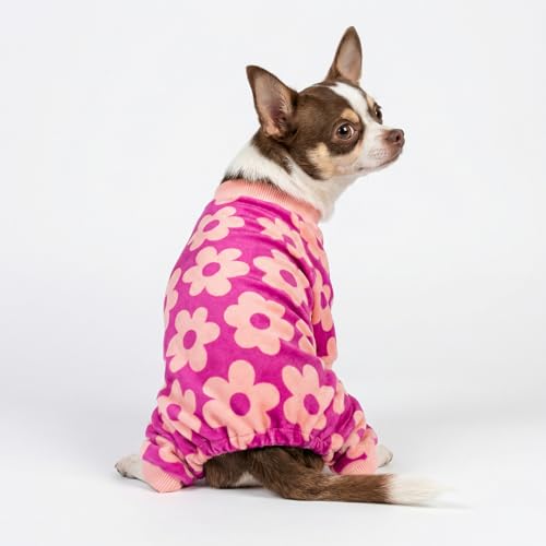 Image of Fitwarm Flower Fleece Dog Pajamas, Warm Winter Dog Clothes for Small Dogs Girl, Cozy Pet Onesie with Feet, Pink, XS