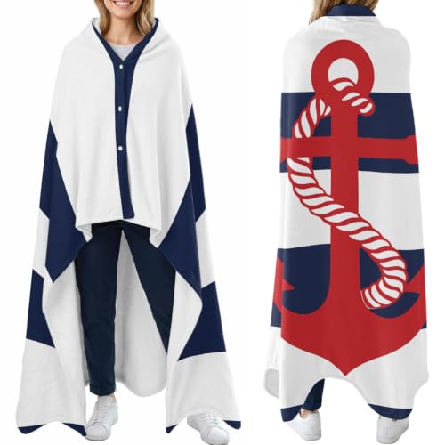 Wearable Blankets with Pockets 58x64in Nautical Anchor Navy Blue Cozy Flannel Shawl Blanket with Buttons Summer Ocean Coastal Style Lightweight Wearable Throw Blanket for Sofa Couch Office Travel