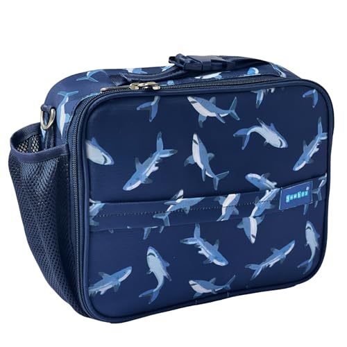 Yumbox Kids Lunch Bag Holds Lunch Box and Water Bottle 3 Ways to Carry Zip Closure Inside Zipper Netting Wipe Clean Fabric with EVA lining for extra insulation Shark