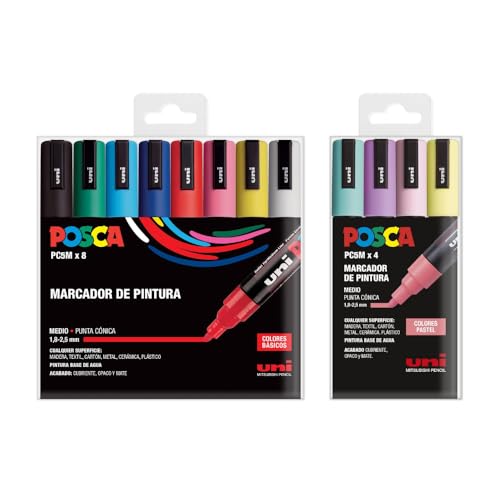 POSCA PC-5M – Set de 12 Rotuladores Punta Media – 8 Colores Básicos + 4 Colores Pastel – Tinta Acrílica Permanente para Papel, Madera, Vidrio, Tela, Piedra y Más