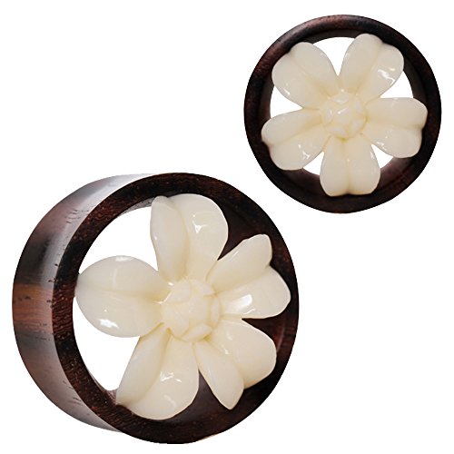 Cocobul Body Jewelry Pair of 1/2" (12mm) Organic Sono Wood Tunnel Plugs w Buffalo Bone Flower Blossom D10-034
