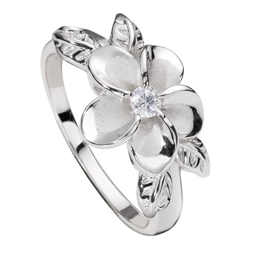 ALOHAPLUS 925 Sterling Silver Hawaiian Plumeria Flower Maile Leaf Cubic Zirconia Ring, Nickel Free Hypoallergenic for Sensitive Skin, Gift Box Included (Silver Plumeria Maile, 5.5) by ALOHAPLUS - Used condition - US$35.33