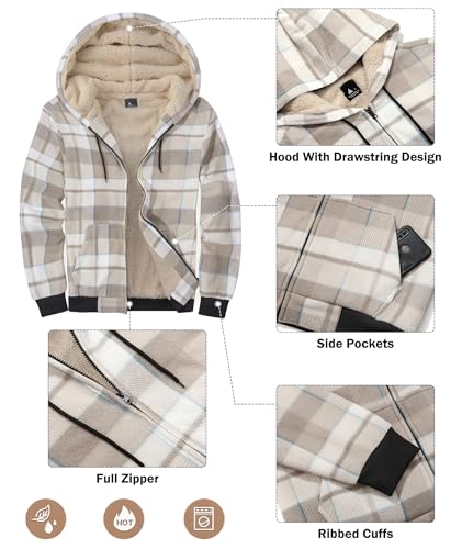 Image of Mens Plaid Hoodies Winter Zip Up Fleece Jacket Sherpa Fleece Lined Warm Flannel Jacket Coat