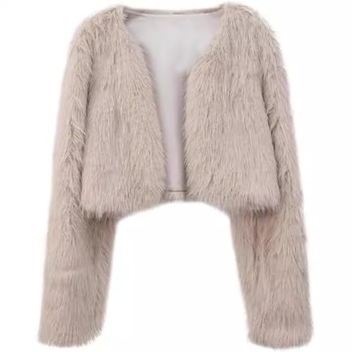 ZhuiKun Damen Kunstfellmantel Winterjacke Langarm Wintermantel Crop Jacke Plüsch vorne offen Cardigan - Beige, L