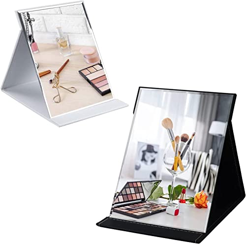 Image of Portable Folding HD Makeup Mirror, Frameless Slim PU Leather Desktop Mirror with Adjustable Stand for Personal Use, Travel, Desktop (Set of 2, Black & White)