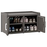 NBYSGO 2-Tier Storage Bench, Waterproof UV-Resistant Outdoor Shoe Storage Cabinet with 2 Doors & Adjustable Shelves for Indoor Outdoor Entryway, Hallway, Living Room (Grey)