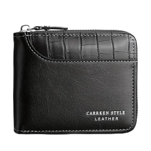Men'S Antique Billfold Wallet Pu Leather Coin Case Small Wallet Mini Zipper Coin Purse Id Pocket Stone Pattern Card Case,Black