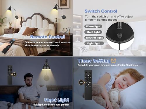 Image of GOODATE 2 Pack Plug in Wall Sconces with Remote, Dimmable, Adjustable Colors, Swing Arm Wall Lamps, Wall Sconces Set of Two with Timer & Night Light, Plug-in or Hardwired (Black, with Bulbs+Remote)