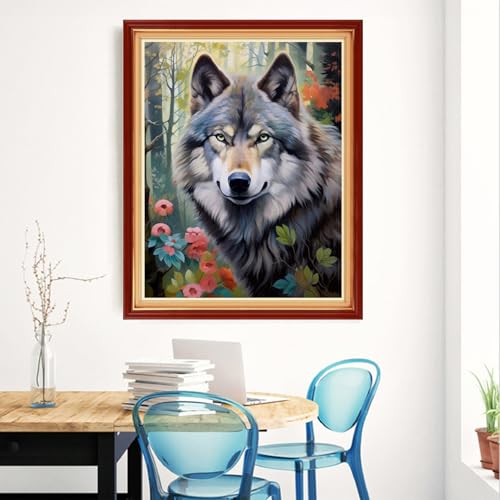 Image of Magxvouy Cross Stitch Kits Stamped Full Range of Embroidery Kits,Cross Stitch Patterns Needlework Kits for Beginners 11CT Printed Kits&Wolf Forest 16x20 inch