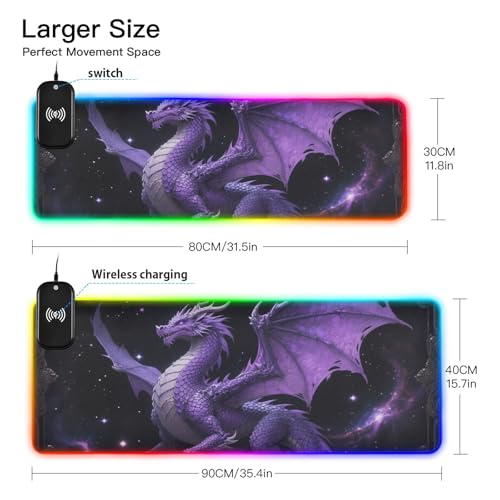 Tapis de souris dragon violet grand format contre la fatigue du poignet