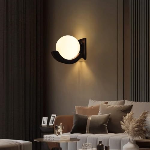 Image of Wooden Wall Lamp, Globe Shape, Dark Brown and White Frosted Glass Pack of 1