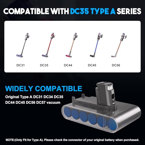 Image of 6.0Ah Replacement for Dyson DC35 Battery [Type A ] 22.2V, Compatible with DC31 DC34 DC44 DC45 Animal 917083-01 Handheld Vacuum Cleaner